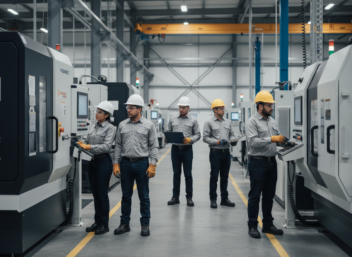 Fotografía industrial corporativa de alta calidad para INDUMARC S.A.S.: personal técnico profesional trabajando en una instalación industrial real, usando camisa corporativa gris con el logo de INDUMARC integrado naturalmente en el pecho, colores gris, blanco y negro, elementos de seguridad adecuados como casco, gafas, guantes y botas según la actividad, ambiente técnico moderno, composición horizontal amplia para una sección hero, iluminación profesional, aspecto confiable y empresarial, sin logotipos flotantes ni texto superpuesto.