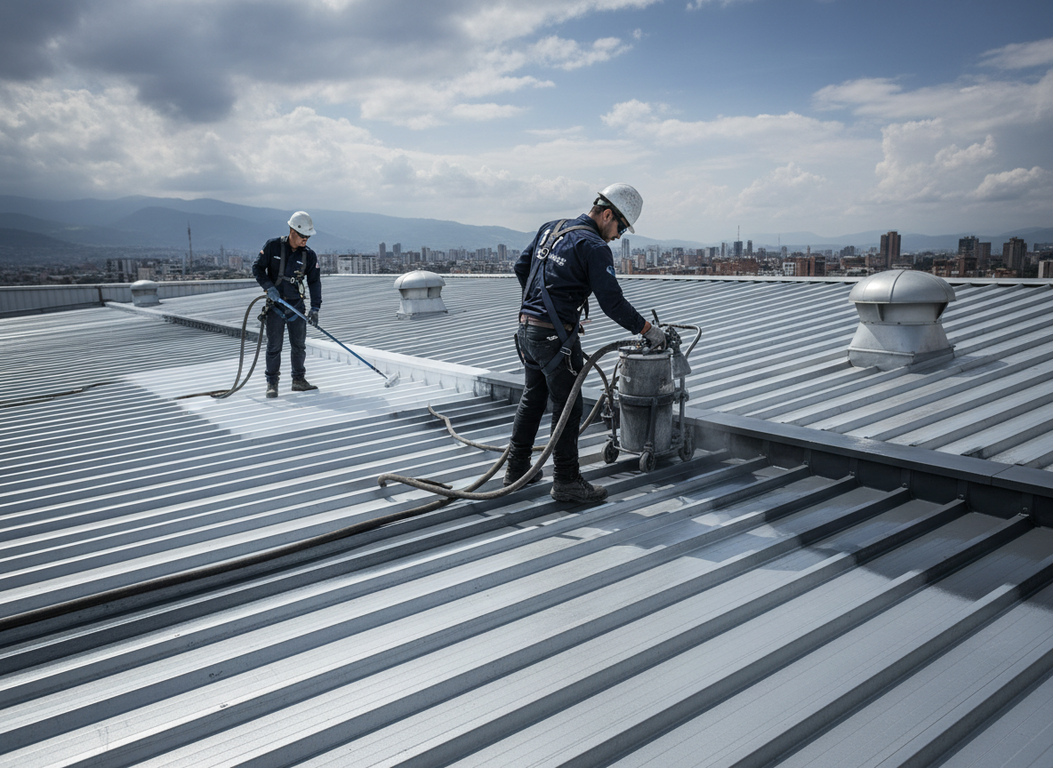 Técnicos INDUMARC aplicando pintura y recubrimiento industrial sobre cubierta metálica