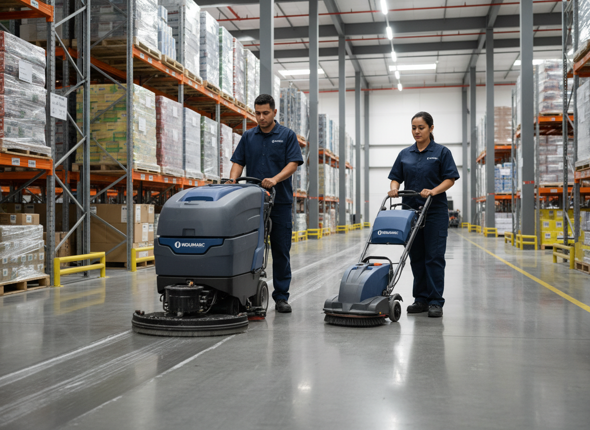 Trabajadores INDUMARC realizando limpieza industrial profesional en centro logístico
