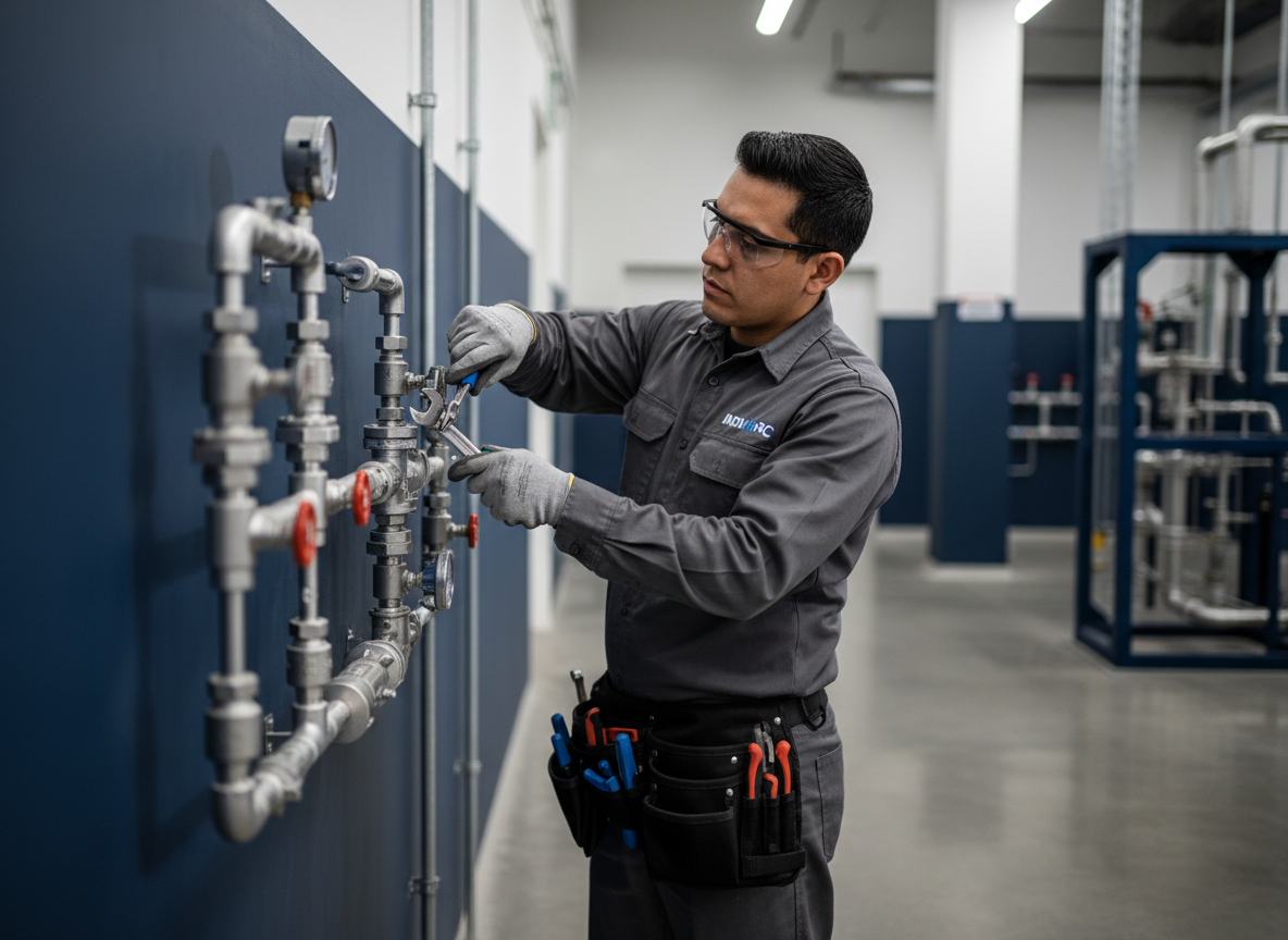 Técnico INDUMARC en camisa gris realizando mantenimiento locativo en instalaciones industriales