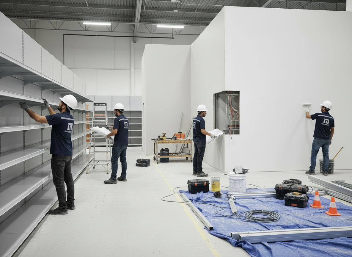 Reemplaza la imagen por una fotografía fotorrealista de remodelación de una tienda o almacén de franquicia. Deben aparecer exactamente tres técnicos, no más ni menos, visibles de cuerpo medio o completo y con el pecho orientado hacia la cámara. Cada técnico viste camisa corporativa azul oscuro o gris con el logotipo oficial de INDUMARC claramente visible, grande, nítido y legible en el pecho. Mantén herramientas, acabados y elementos de obra civil propios de la adecuación de un local comercial. Composición empresarial, limpia y profesional.
